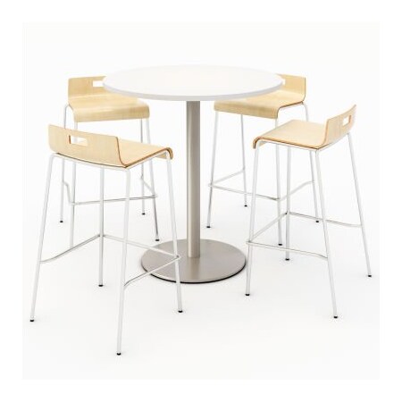 Kfi KFI 36" Round Dining Table & 4 Barstool Set, Designer White Table With Natural Stools T36RD-B1922SL-38-D354-BR9333-4-NA